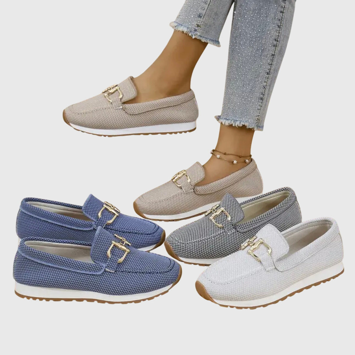 Women's Woven Mesh Slip-On Loafers with Gold Bar and Chunky Sole - Maisie London