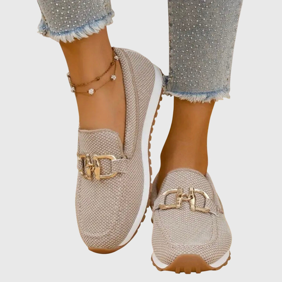 Women's Woven Mesh Slip-On Loafers with Gold Bar and Chunky Sole - Maisie London