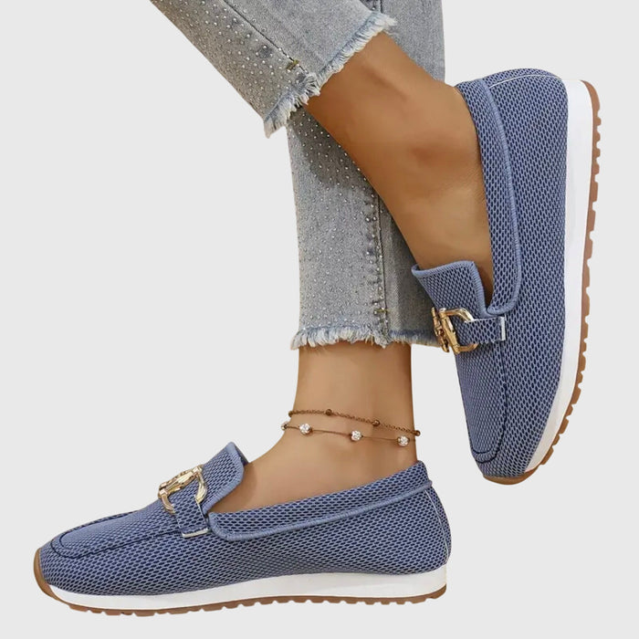 Women's Woven Mesh Slip-On Loafers with Gold Bar and Chunky Sole - Maisie London