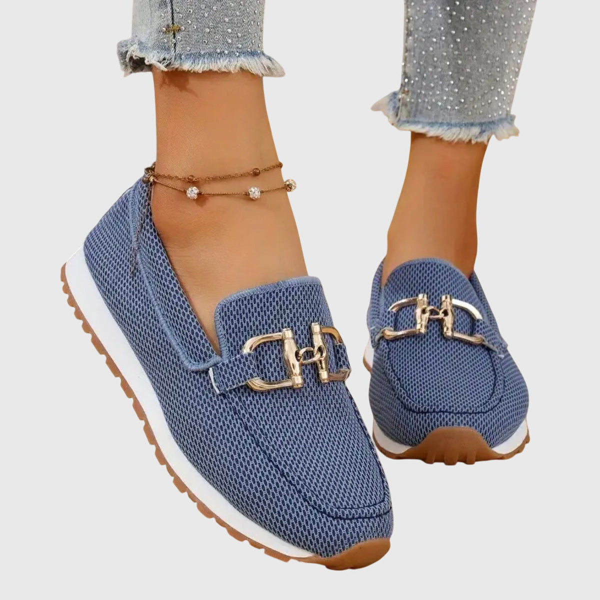 Women's Woven Mesh Slip-On Loafers with Gold Bar and Chunky Sole - Maisie London