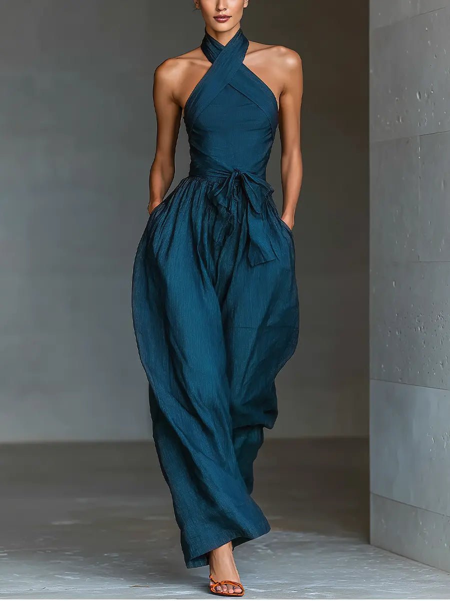 Women's Navy Blue Linen-Look Wide-Leg Jumpsuit with Halterneck - Maisie London
