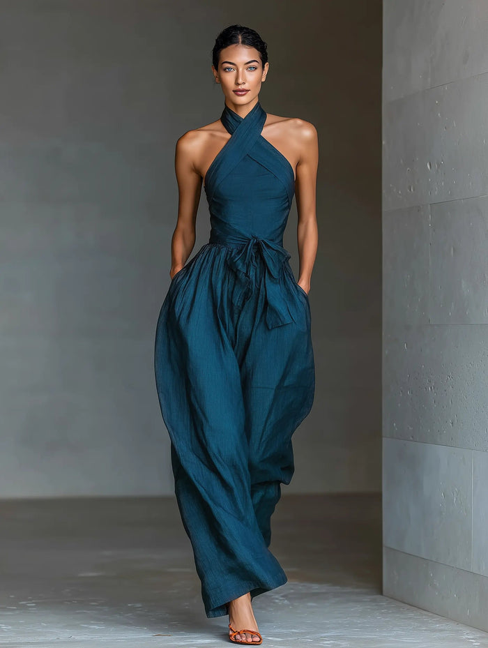 Women's Navy Blue Linen-Look Wide-Leg Jumpsuit with Halterneck - Maisie London