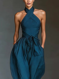 Women's Navy Blue Linen-Look Wide-Leg Jumpsuit with Halterneck - Maisie London