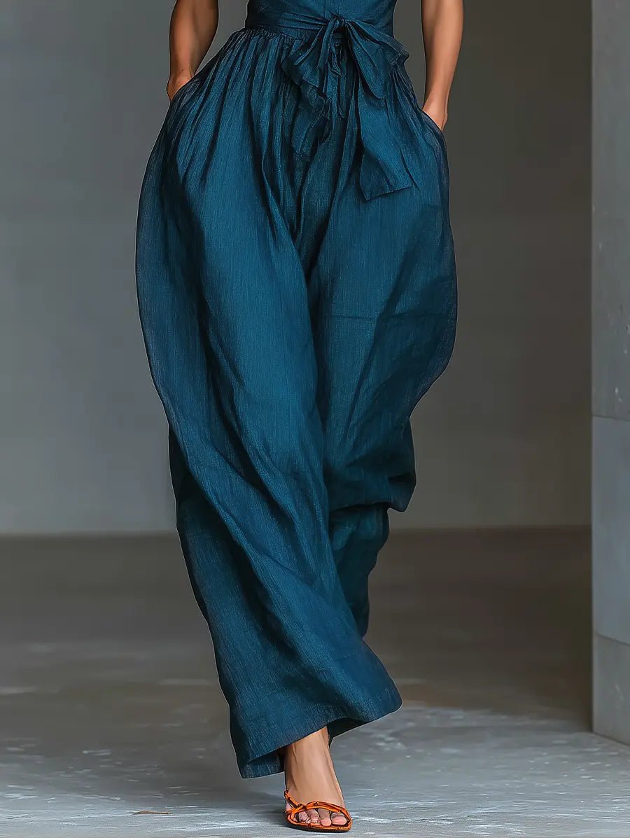 Women's Navy Blue Linen-Look Wide-Leg Jumpsuit with Halterneck - Maisie London