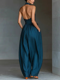 Women's Navy Blue Linen-Look Wide-Leg Jumpsuit with Halterneck - Maisie London