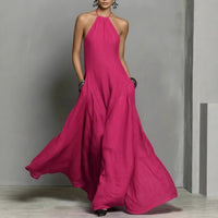 Women's Linen-Look Halterneck Maxi Dress with Open Back and Pockets - Maisie London