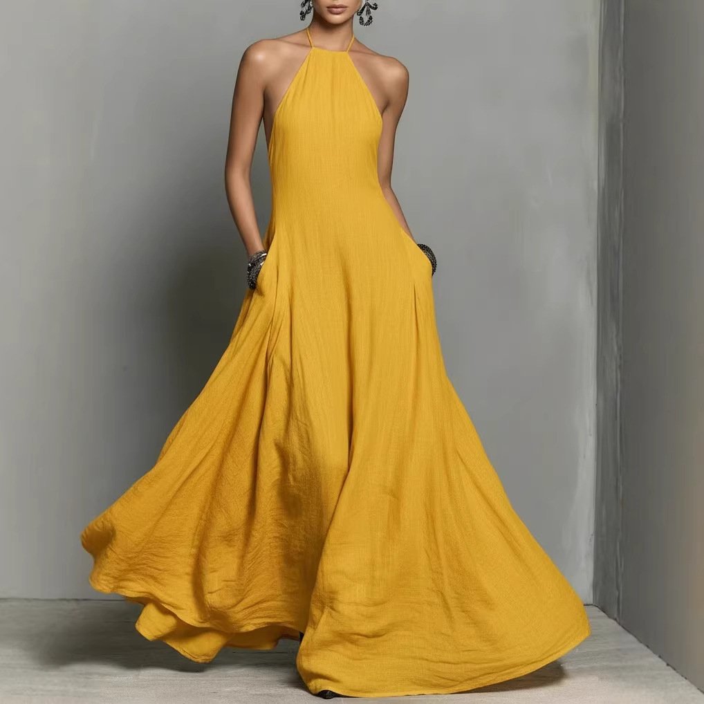 Women's Linen-Look Halterneck Maxi Dress with Open Back and Pockets - Maisie London