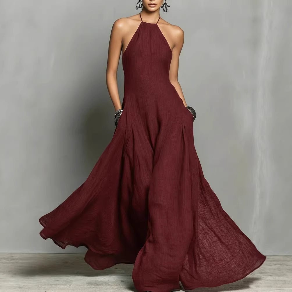 Women's Linen-Look Halterneck Maxi Dress with Open Back and Pockets - Maisie London