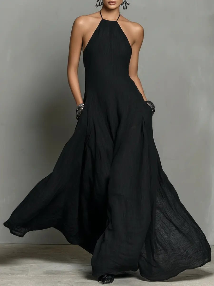 Women's Linen-Look Halterneck Maxi Dress with Open Back and Pockets - Maisie London