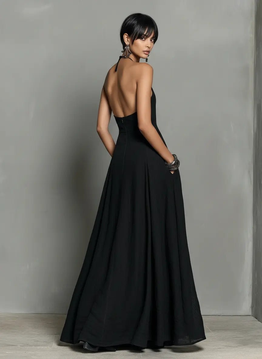 Women's Linen-Look Halterneck Maxi Dress with Open Back and Pockets - Maisie London