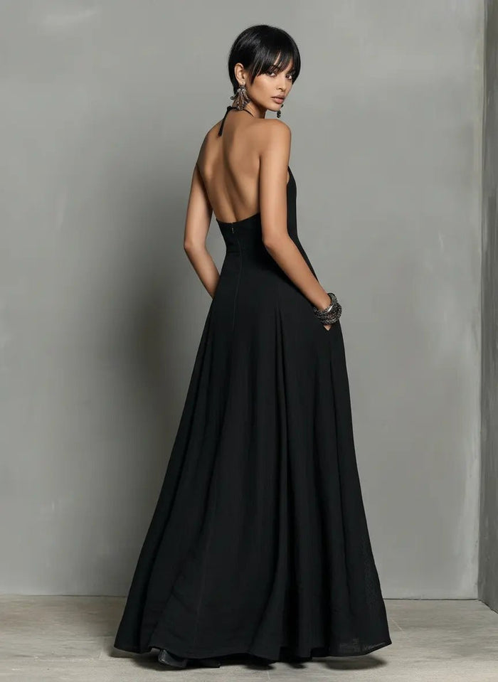 Women's Linen-Look Halterneck Maxi Dress with Open Back and Pockets - Maisie London