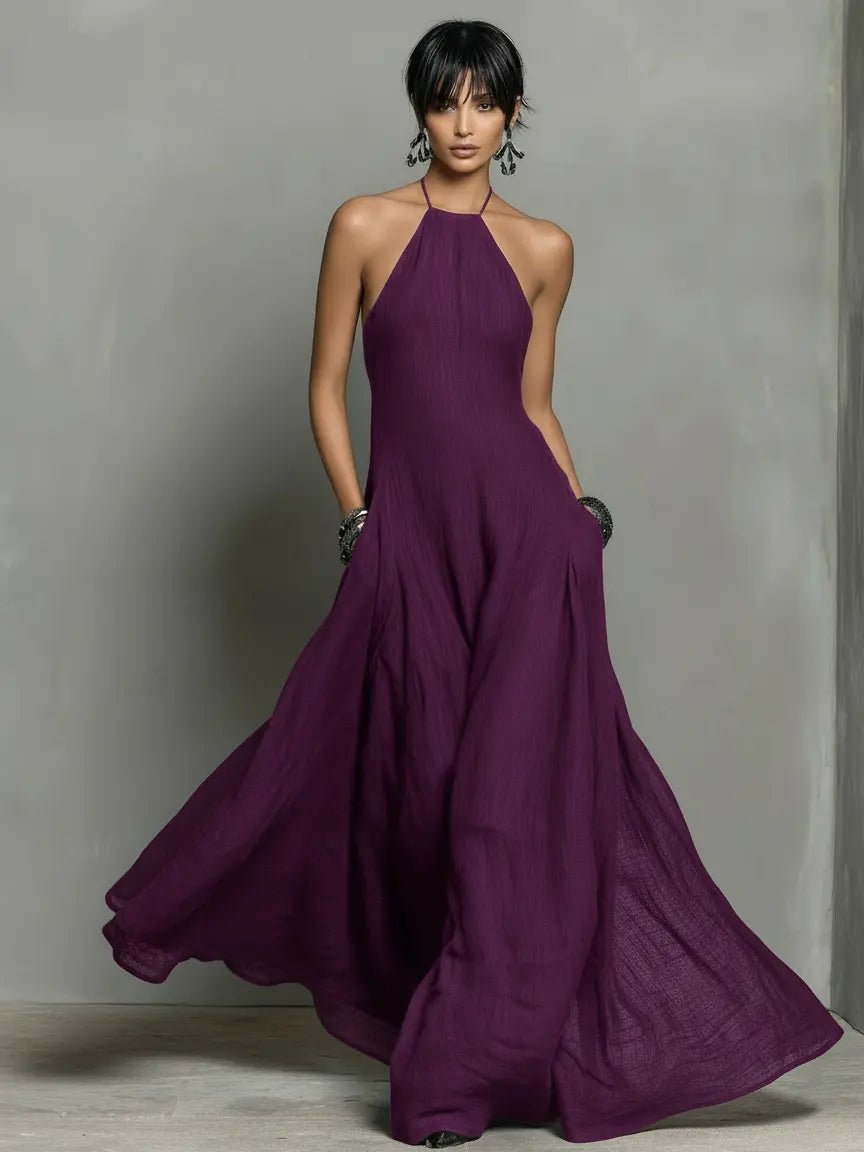 Women's Linen-Look Halterneck Maxi Dress with Open Back and Pockets - Maisie London
