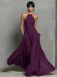 Women's Linen-Look Halterneck Maxi Dress with Open Back and Pockets - Maisie London