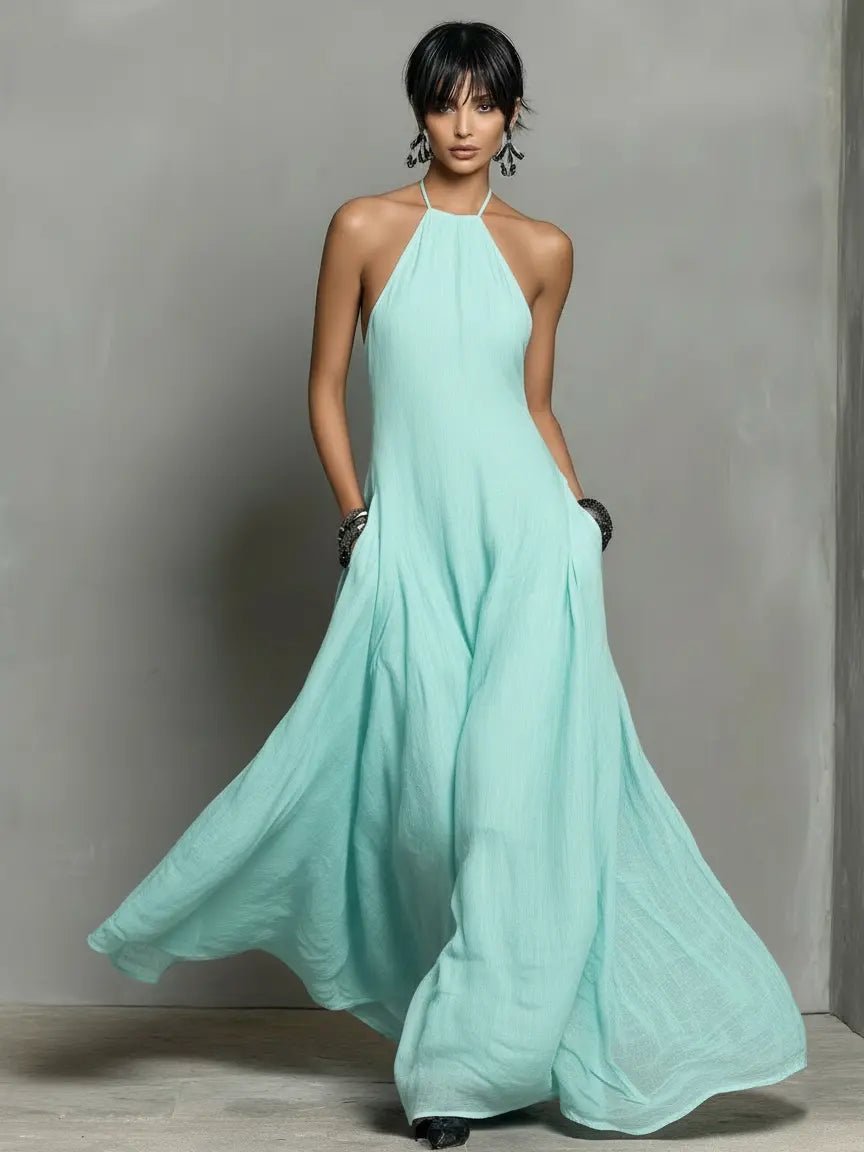 Women's Linen-Look Halterneck Maxi Dress with Open Back and Pockets - Maisie London
