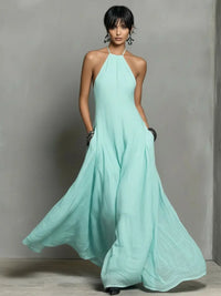 Women's Linen-Look Halterneck Maxi Dress with Open Back and Pockets - Maisie London