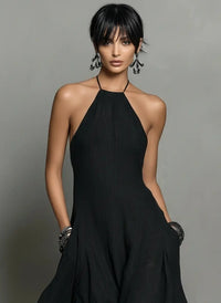 Women's Linen-Look Halterneck Maxi Dress with Open Back and Pockets - Maisie London