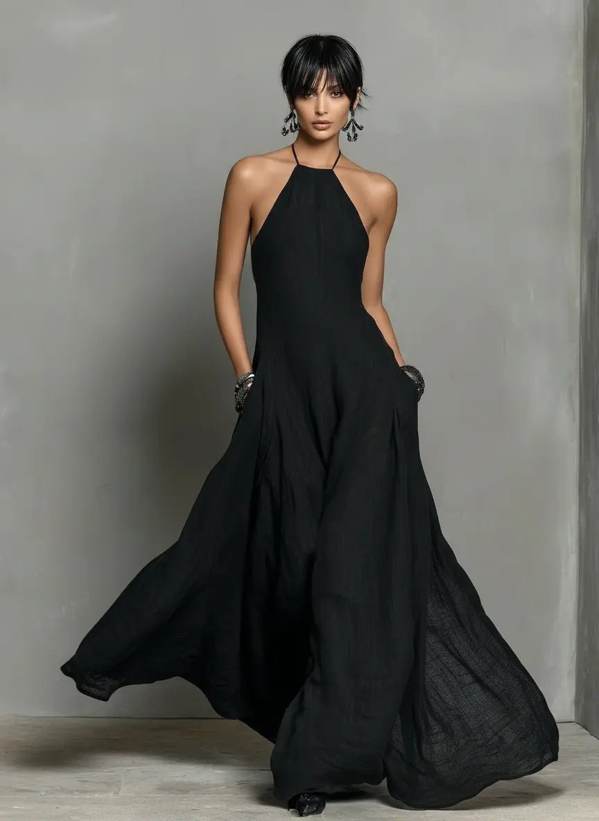 Women's Linen-Look Halterneck Maxi Dress with Open Back and Pockets - Maisie London