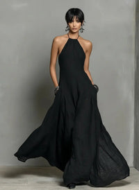 Women's Linen-Look Halterneck Maxi Dress with Open Back and Pockets - Maisie London