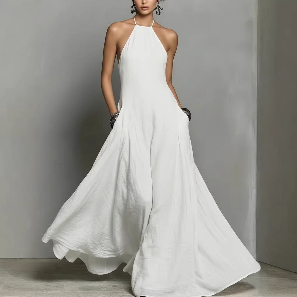 Women's Linen-Look Halterneck Maxi Dress with Open Back and Pockets - Maisie London