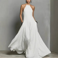 Women's Linen-Look Halterneck Maxi Dress with Open Back and Pockets - Maisie London