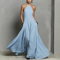 Women's Linen-Look Halterneck Maxi Dress with Open Back and Pockets - Maisie London