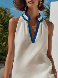 Women's Beige Linen-Look Halterneck Co-ord Set with Contrast Trim - Maisie London