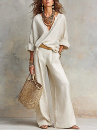 Women's Linen-Look Wide-Leg Co-ord Set with V-Neck Top and Pockets - Maisie London