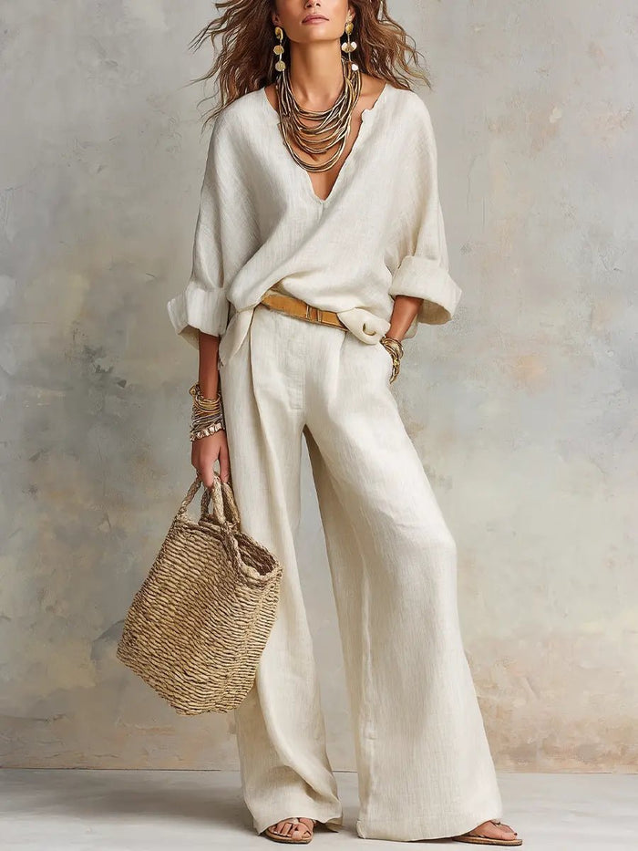 Women's Linen-Look Wide-Leg Co-ord Set with V-Neck Top and Pockets - Maisie London