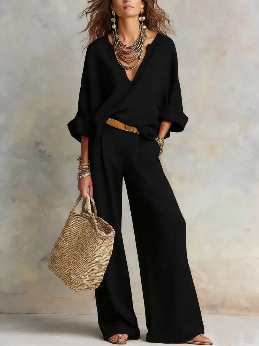 Women's Linen-Look Wide-Leg Co-ord Set with V-Neck Top and Pockets - Maisie London