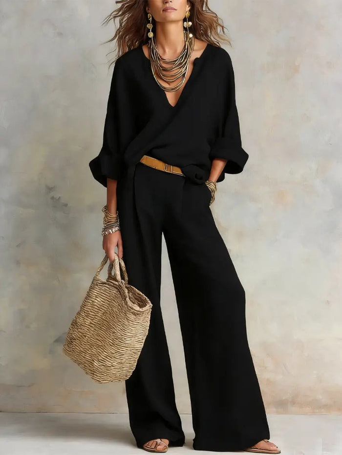 Women's Linen-Look Wide-Leg Co-ord Set with V-Neck Top and Pockets - Maisie London