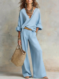 Women's Linen-Look Wide-Leg Co-ord Set with V-Neck Top and Pockets - Maisie London