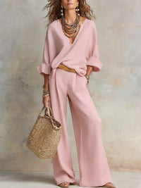 Women's Linen-Look Wide-Leg Co-ord Set with V-Neck Top and Pockets - Maisie London