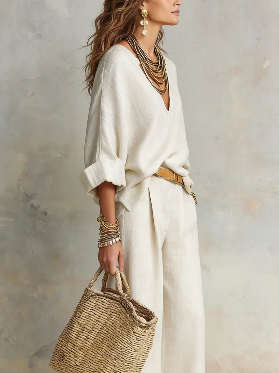 Women's Linen-Look Wide-Leg Co-ord Set with V-Neck Top and Pockets - Maisie London