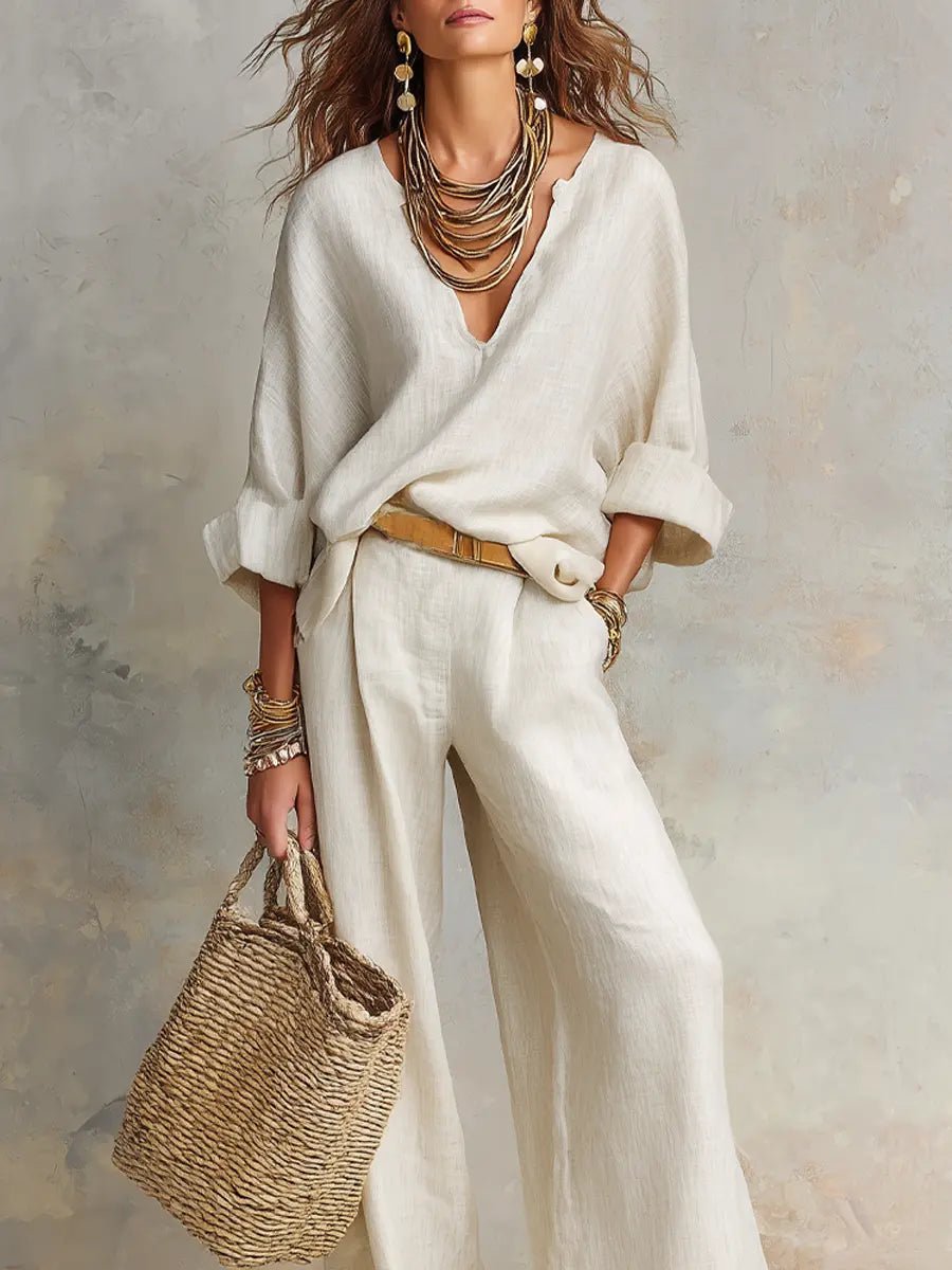 Women's Linen-Look Wide-Leg Co-ord Set with V-Neck Top and Pockets - Maisie London