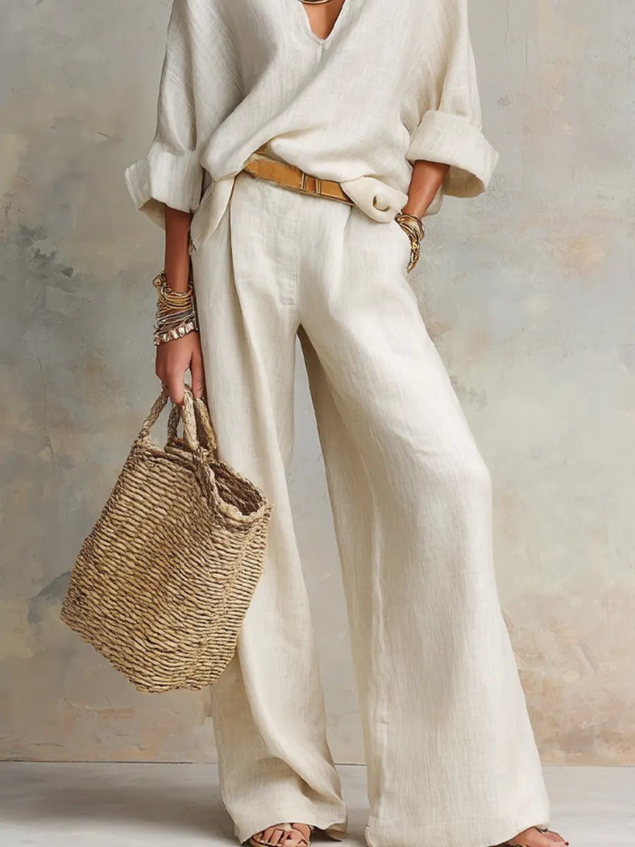 Women's Linen-Look Wide-Leg Co-ord Set with V-Neck Top and Pockets - Maisie London