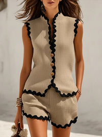 Women's Linen-Look Sleeveless Co-ord Set with Scalloped Trim - Maisie London
