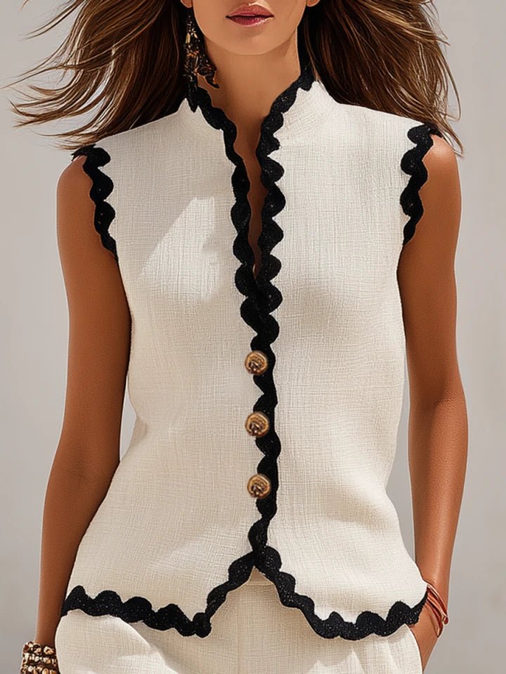 Women's Linen-Look Sleeveless Co-ord Set with Scalloped Trim - Maisie London