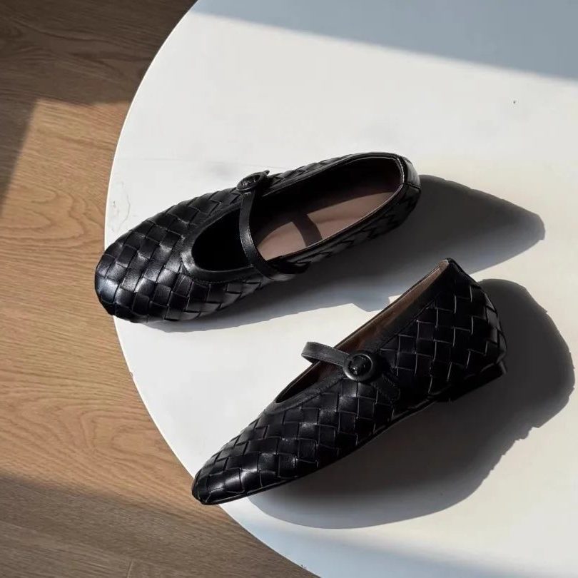 Women's Woven Faux Leather Mary Jane Flats with Low Block Heel - Maisie London