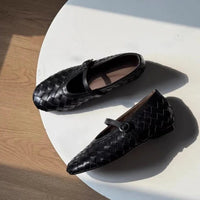 Women's Woven Faux Leather Mary Jane Flats with Low Block Heel - Maisie London