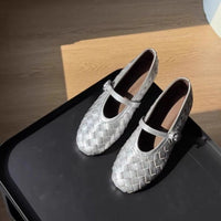 Women's Woven Faux Leather Mary Jane Flats with Low Block Heel - Maisie London