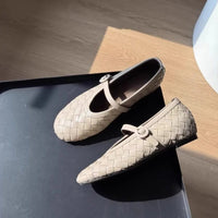 Women's Woven Faux Leather Mary Jane Flats with Low Block Heel - Maisie London