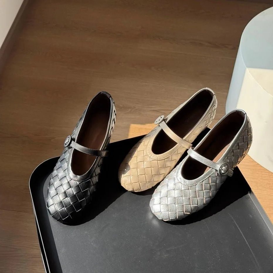 Women's Woven Faux Leather Mary Jane Flats with Low Block Heel - Maisie London