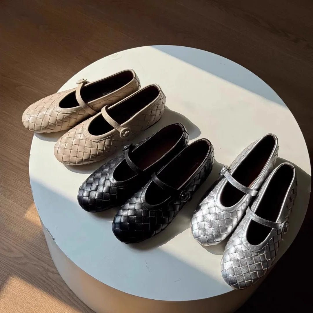 Women's Woven Faux Leather Mary Jane Flats with Low Block Heel - Maisie London