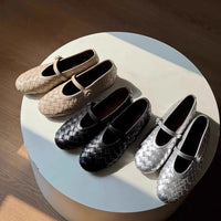Women's Woven Faux Leather Mary Jane Flats with Low Block Heel - Maisie London