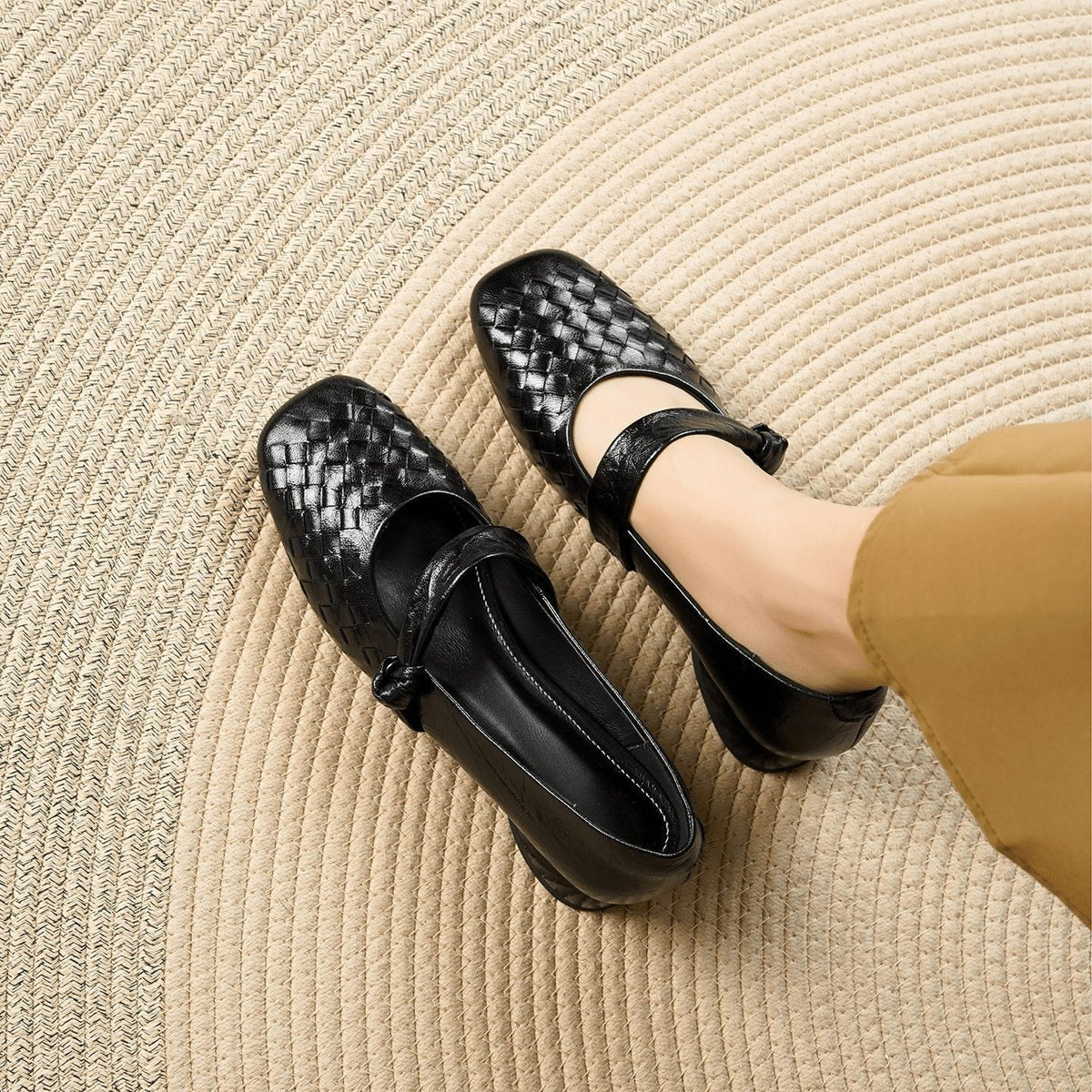 Women's Woven Faux Leather Mary Jane Flats with Low Block Heel - Maisie London