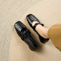 Women's Woven Faux Leather Mary Jane Flats with Low Block Heel - Maisie London