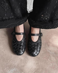 Women's Woven Faux Leather Mary Jane Flats with Low Block Heel - Maisie London