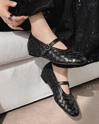 Women's Woven Faux Leather Mary Jane Flats with Low Block Heel - Maisie London