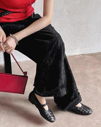 Women's Woven Faux Leather Mary Jane Flats with Low Block Heel - Maisie London