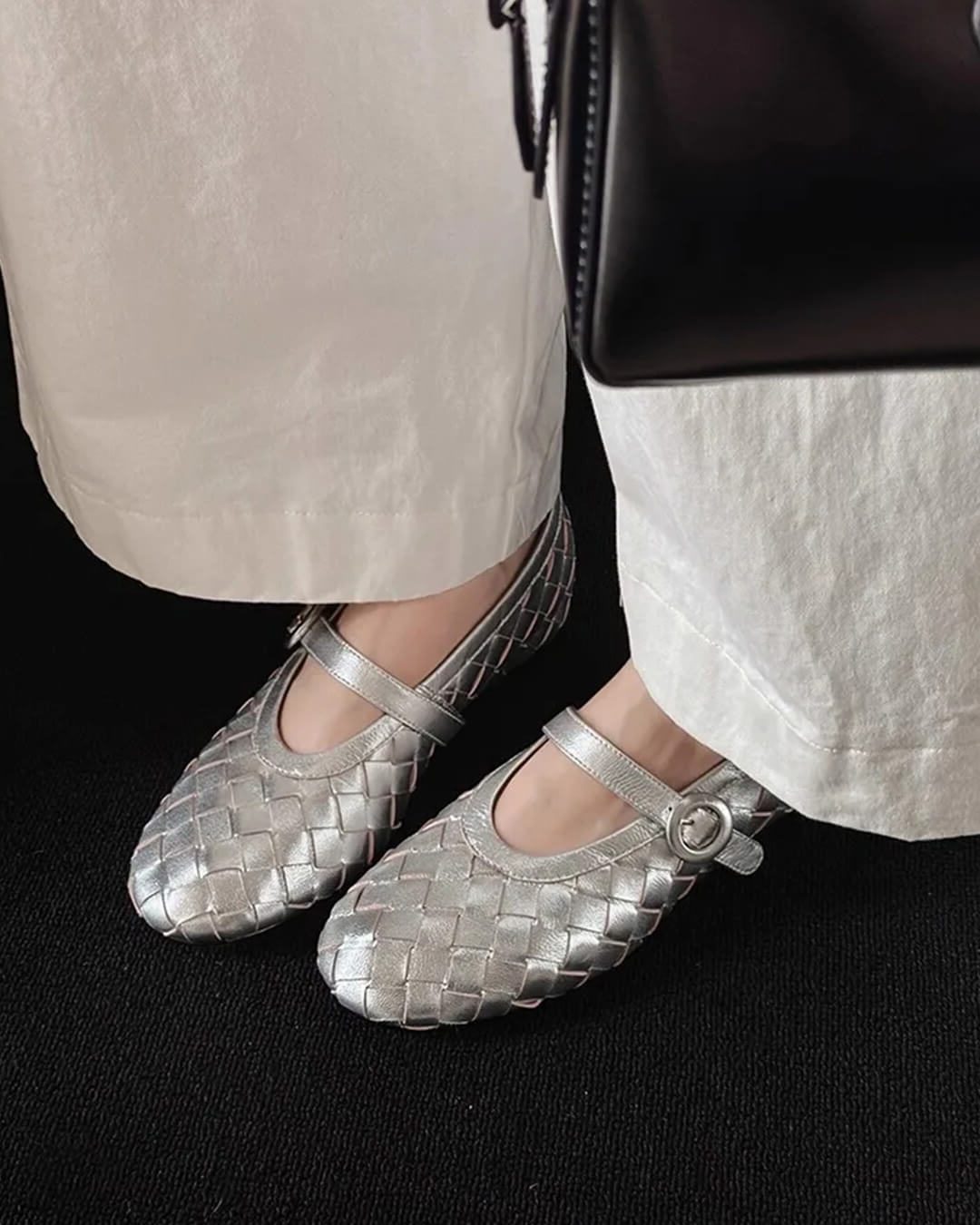 Women's Woven Faux Leather Mary Jane Flats with Low Block Heel - Maisie London